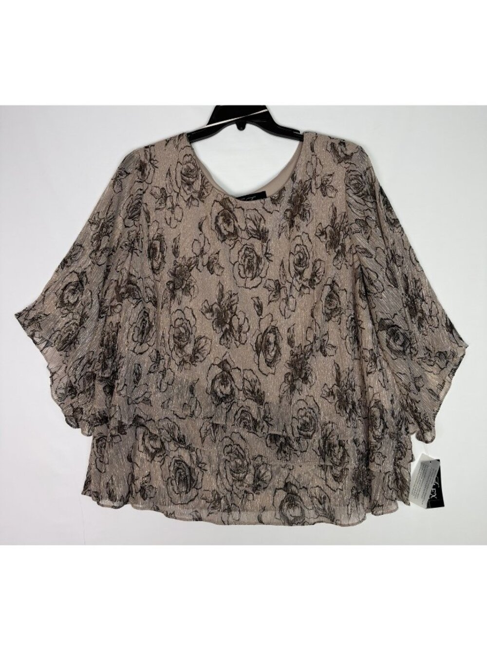 Alex Evenings 3X Blouse Top Shimmer Metallic Floral Tiered Chiffon Buff NWT